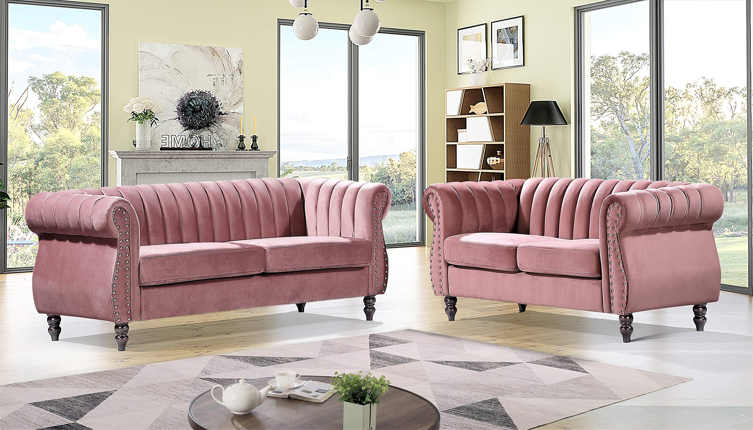 Container Furniture Direct Quinones Modern Chesterfield Couch with Elegant Rolled Arms, Nailhead Trim & Channel Tufting, Sofa and Loveseat Set, Natural Pink