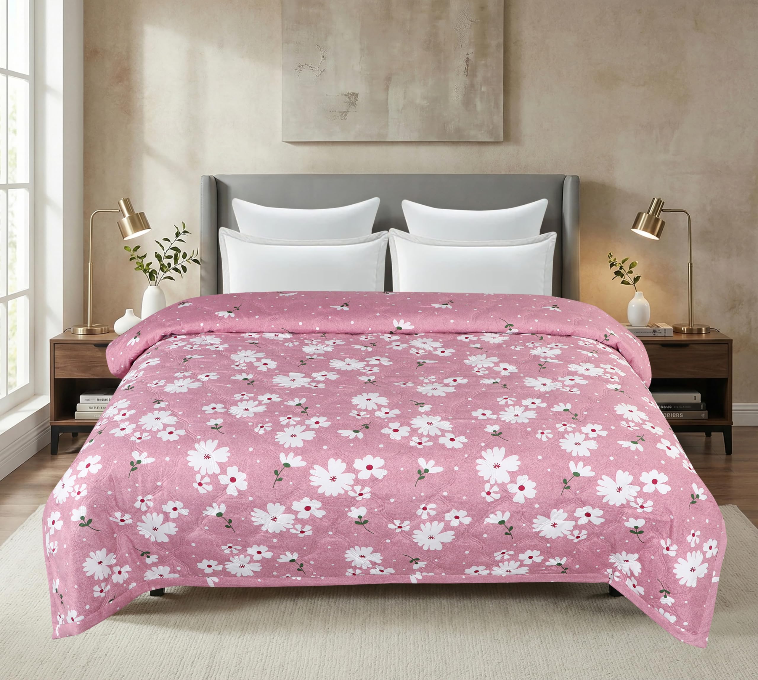 Reversible Dohar Comforter for King/Double Size Bed (220x230 cm)|Lightweight AC Blanket Quilt with Soft Pink with Floral Print|Microfiber Soft Bedding for Home & Travel-image-0