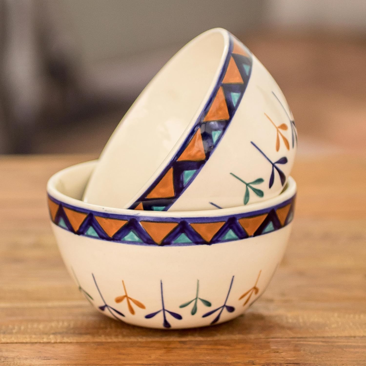 NOVICA Blue Ivory Orange Ceramic Geometric Serving Bowls Serveware From Guatemala 'Antigua Breeze'