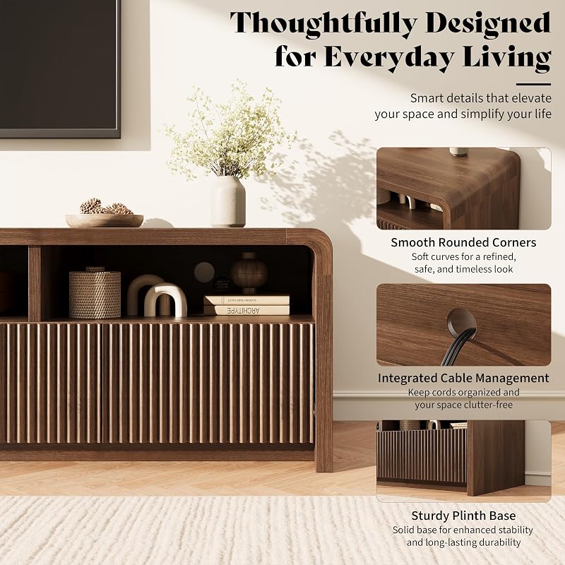 Jocoevol 70" Fluted TV Stand with 4 Deep Drawers, Mid Century Modern Entertainment Center with Curved Design and 3 Spacious Open Storage, Large TV Console Cabinet for Living Room, Bedroom, Walnut image 7