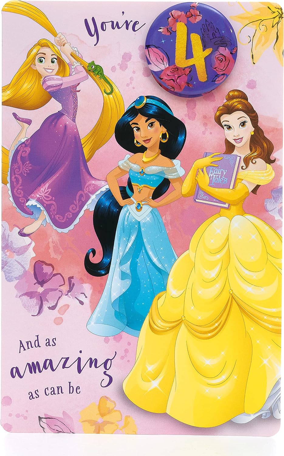 UK Greetings | Disney 4th Birthday Card For Her/Girl | Happy Birthday Gifts | Her, Girls, Women | Princess Design With Rapunzel, Jasmine & Belle | With Envelope | 143 x 216 mm