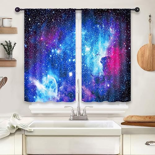 Miniatura 2 de Riyidecor Cortinas de nebulosa del espacio exterior de galaxia (2 paneles de 52 x 84 pulgadas) con bolsillo para barra azul, universo, planetas