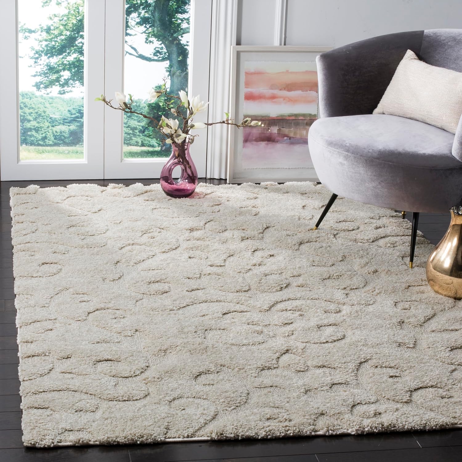 SAFAVIEH Florida Shag Collection Area Rug - 6'7" Round, Creme & Creme, Scroll Design, Non-Shedding & Easy Care, 1.2-inch Thick Ideal for High Traffic Areas in Living Room, Bedroom (SG470-1111)