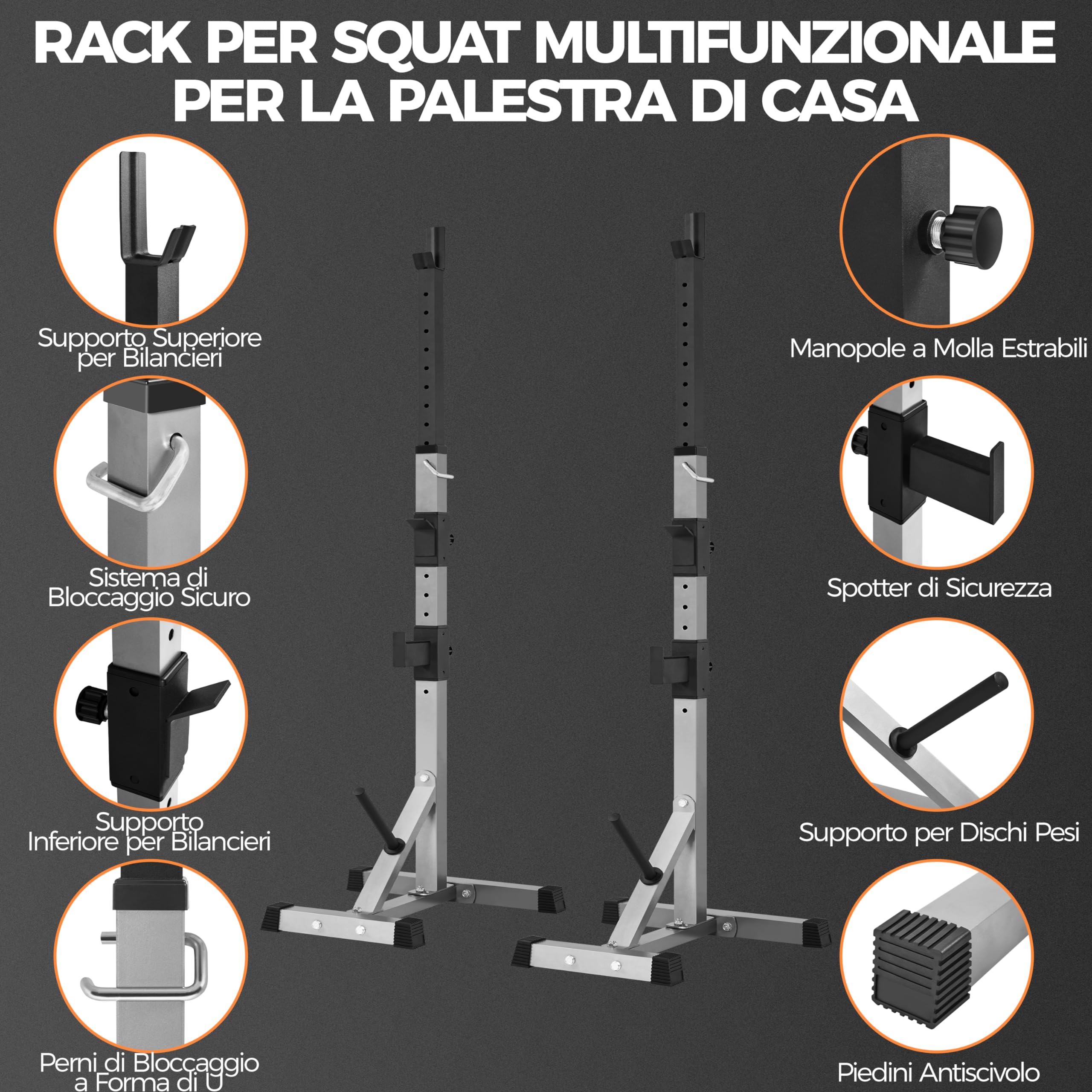 Yaheetech Rack da Squat Regolabile Coppia Rastrelliere Porta Bilancieri Supporti per Bilanciere Squat Rack Squat Supporto Bilanciere a Palestra Casa Ufficio Altezza 135-190cm Max 300 kg Nero