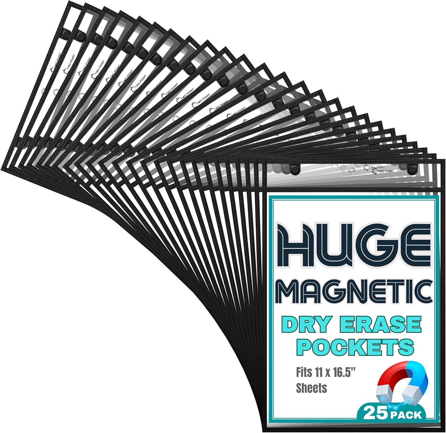 Magnetic Dry Erase Pockets by Two Point (30-Pack) - Portrait - Black Dry Erase Pocket Sleeves, Job Shop Ticket Holders, Clear Paper Sleeves Protector, Magnetic Pouch