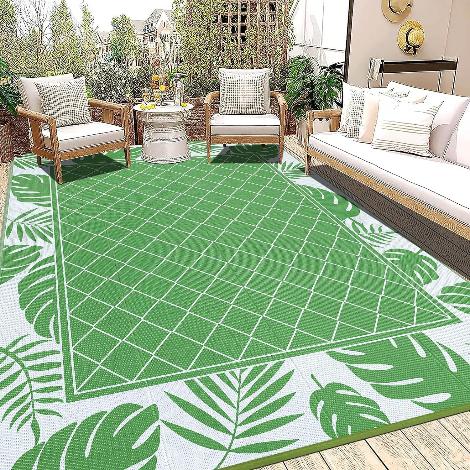 Ileading Outdoor Rug Carpet for Patio 8'x10' Waterproof Reversible Plastic Straw Rug Portable Outside Area Rug Camping Mat for Patio, Clearance, Balcony, Picnic, Pool, Beach, RV, Deck, Green Green-leaf 8' x 10' (Rectangular)