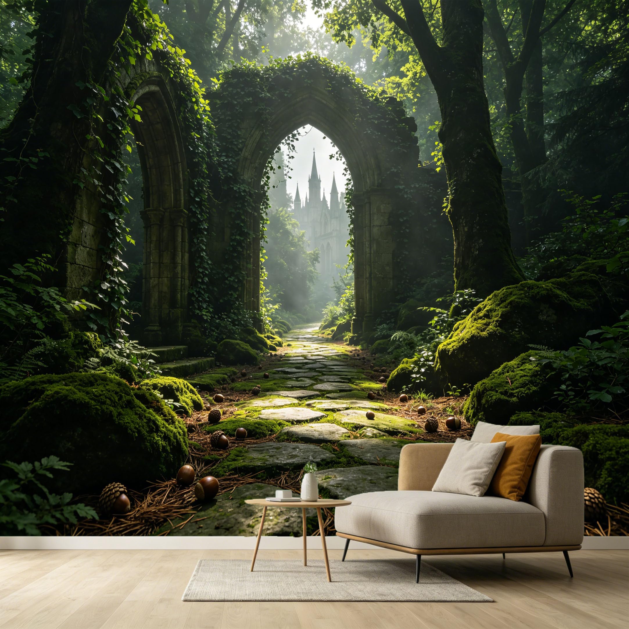 Custom Size Wall Murals Misty Forest Stone Archway Ancient Castle Path Botanical 3D Trompe L'Oeil SelfAdhesive Wall Fabric Removable Large Wallpaper for Photo Living Room