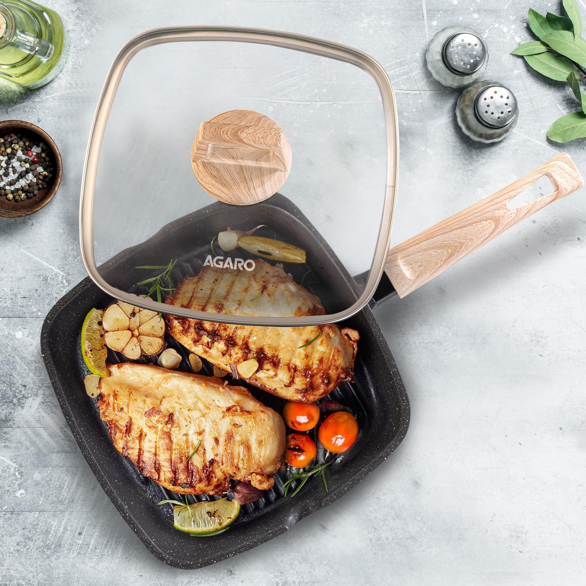 AGARO Imperial Granite Non Stick Grill pan with Glass Lid, 1.6L/ 24cm,Roast Pan, Cast Aluminium Body, Gas & Induction Compatible, Dark Grey