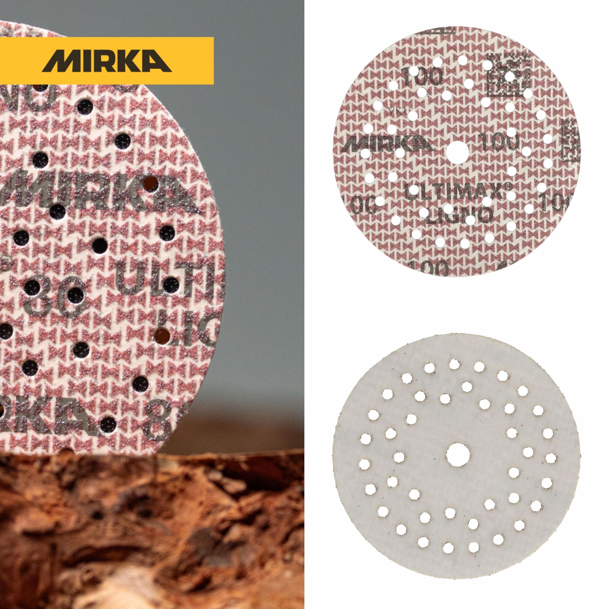 Mirka - tarcze szlifierskie - Ultimax Ligno 125 mm rzep Multifit | Tarcze szlifierskie do drewna z multiperforacją kompatybilne z szlifierkami mimośrodowymi i oscylacyjnymi rzep Multifit