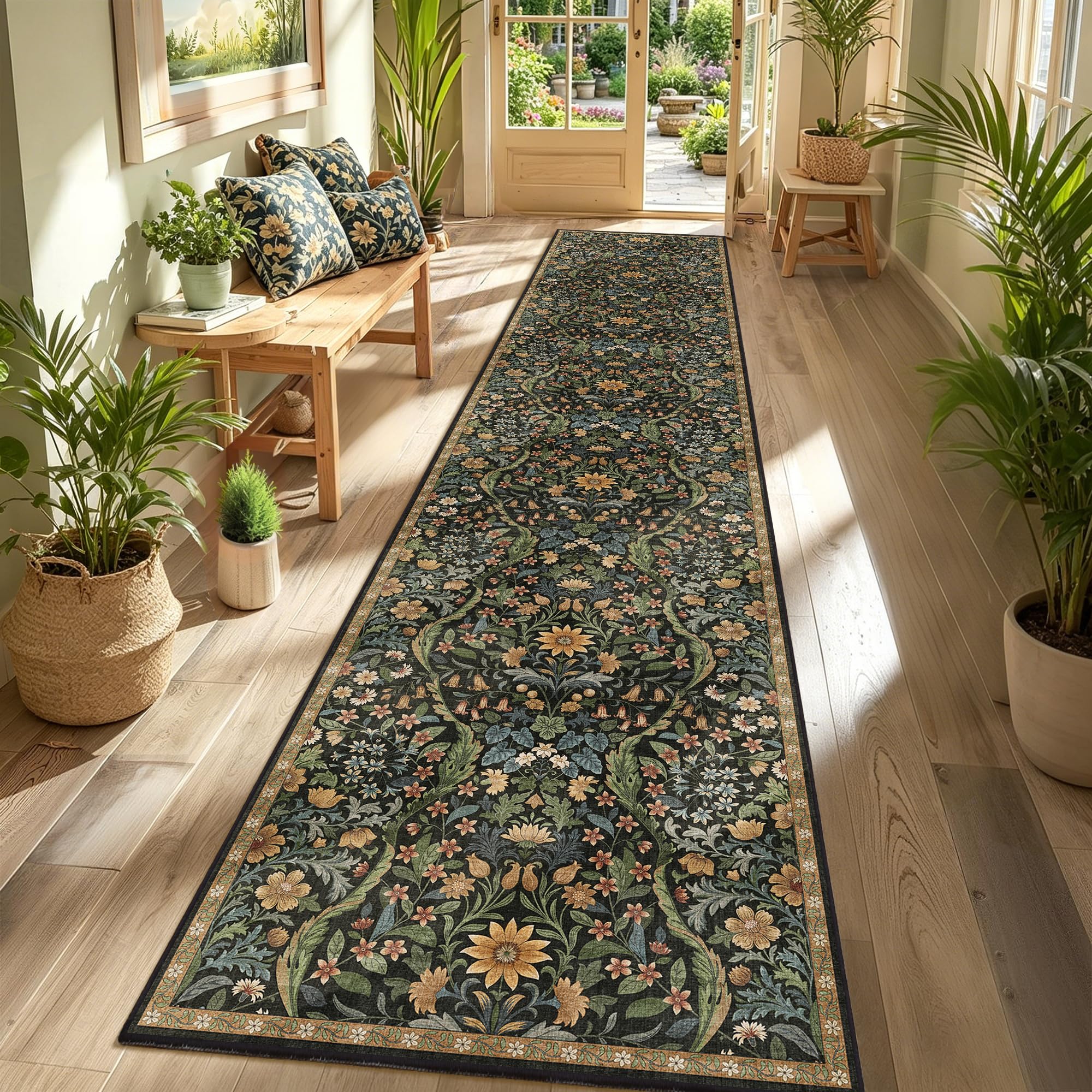 2x10 Floral Runner Rug for Kitchen Washable Hallway Runner Rug