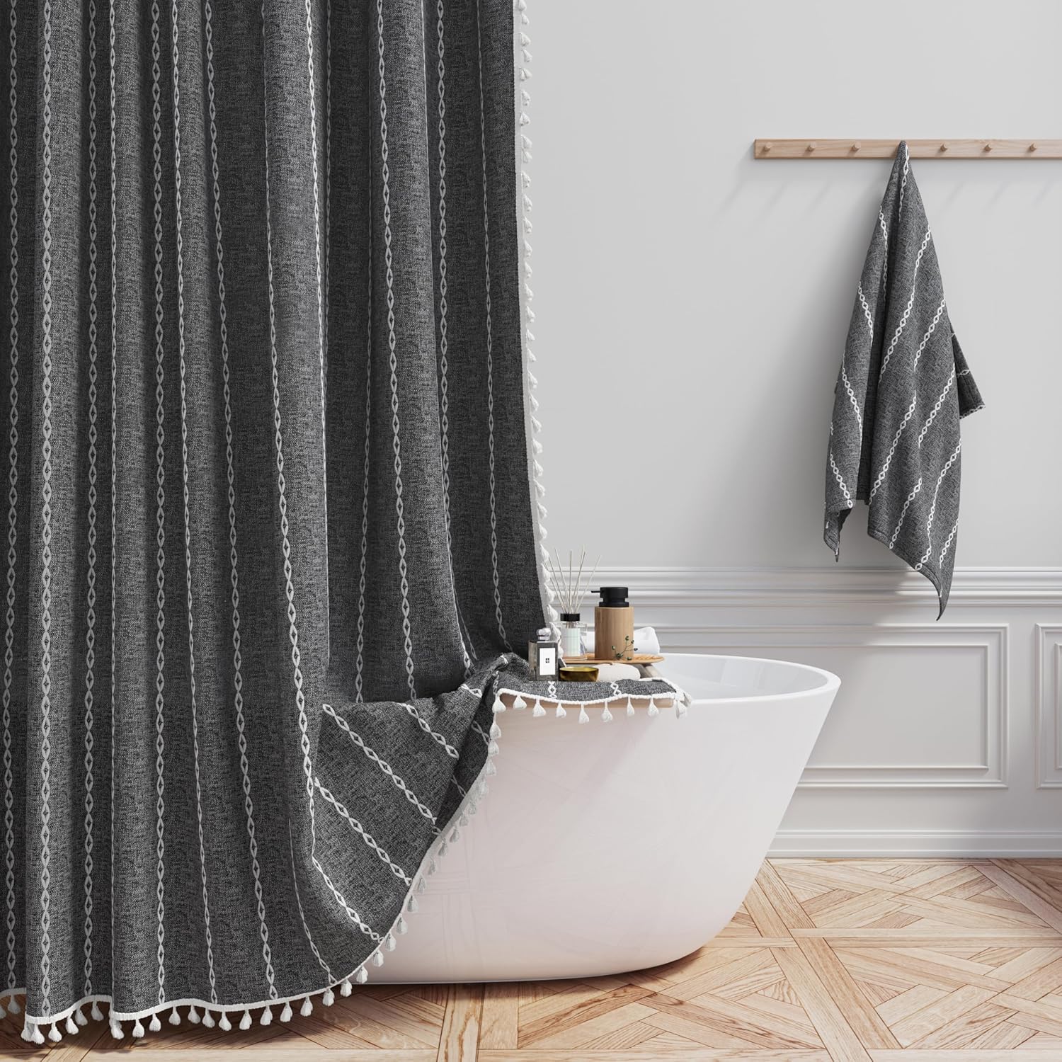 BTTN Boho Farmhouse Shower Curtain Linen Rustic Striped