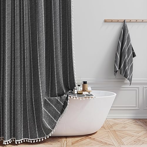 BTTN Boho Farmhouse Shower Curtain - Linen blend Rustic Striped Fabric Shower Curtain Set with Tassel, Water Repellent, Bohemian Vintage Country