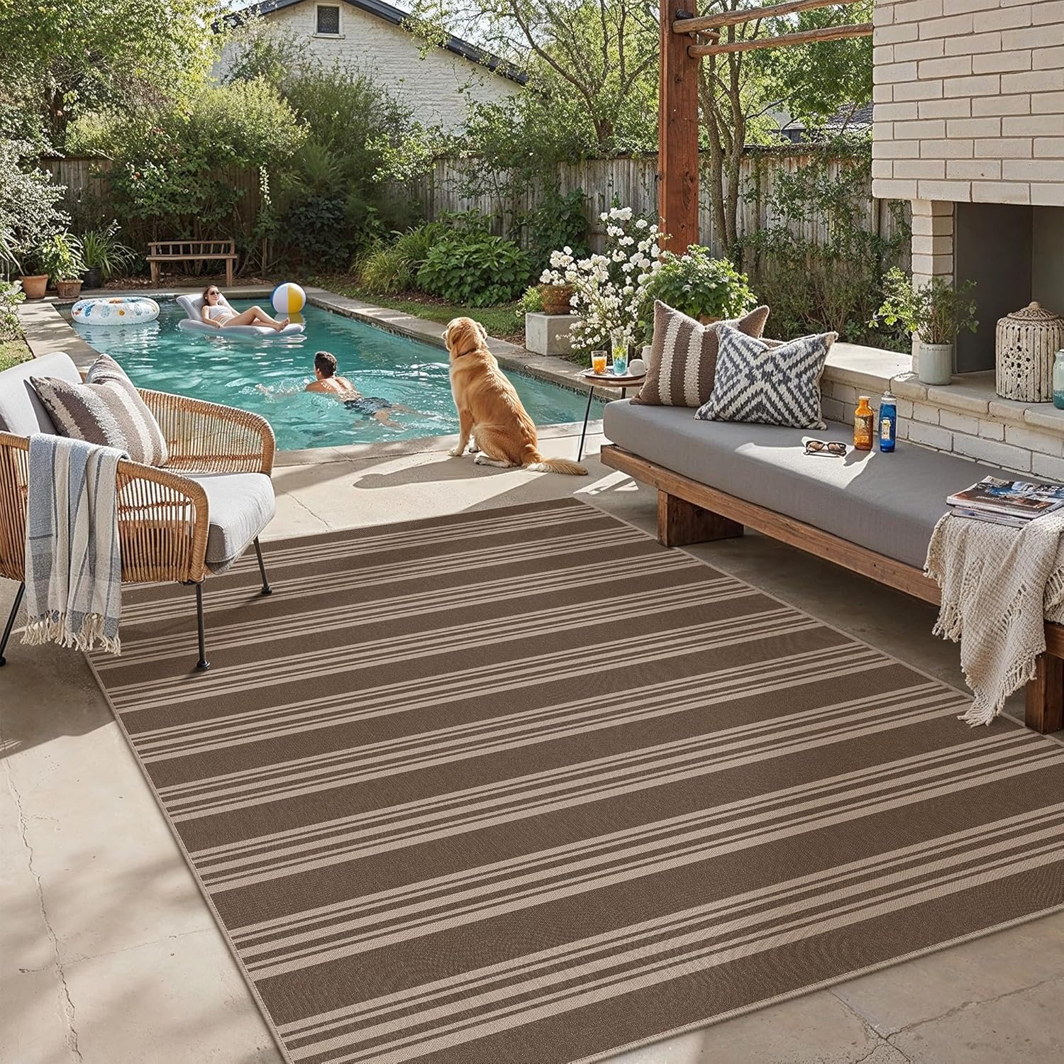 PureCozy Striped Easy Jute 5x7 Area Rugs Brown Washable Outdoor Patio Rug for Living Room Indoor Outdoor Carpet Non Slip Office Farmhouse Neutral for Backyard Balcony Porch Bedroom Dining Room