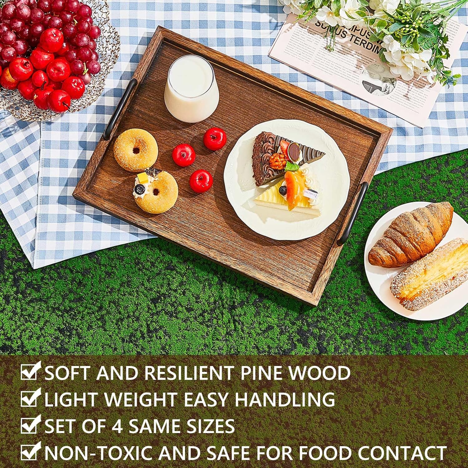 4 Pcs Large Wooden Serving Tray Decorative 15.8 x 11.8 x 1.2 in Ottomantray Rustic with Handle Coffee Table Wood Tray Kitchen Platter for Christmas Thanksgiving Party Gift Breakfast Wedding(Brown)