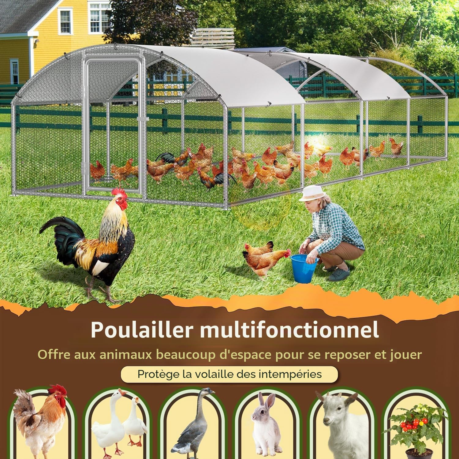 Poulailler - 3 x 8 x 2 m - Dôme - Toit - Enclos pour poulailler - Avec serrure en acier galvanisé et tissu imperméable couleur PE - Facile à nettoyer