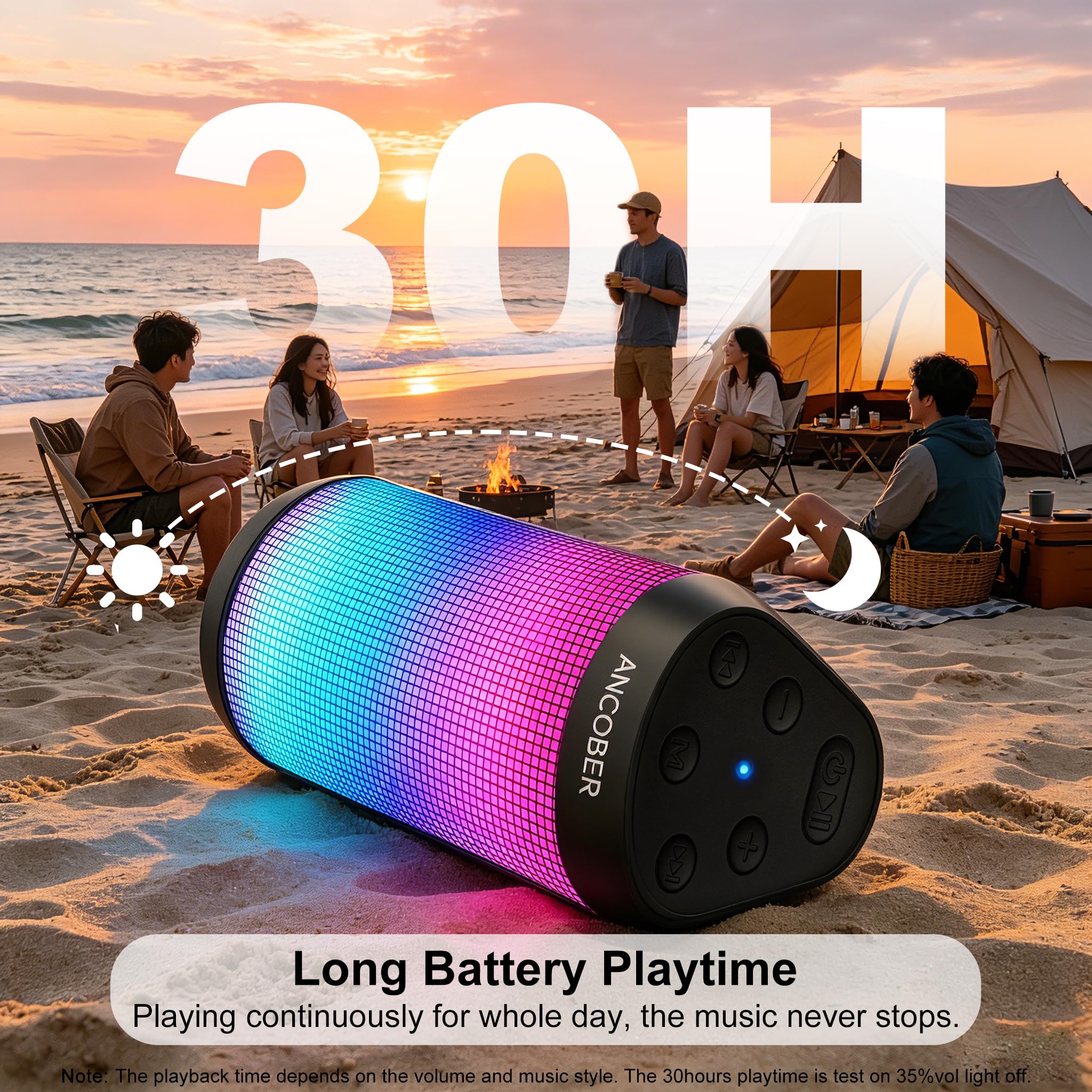Altoparlante Bluetooth, altoparlante wireless portatile con suono forte stereo HD, luci LED RGB, tempo di riproduzione 36 ore, accoppiamento surround TWS, impermeabile IPX4, BT5.3 con AUX, per esterni