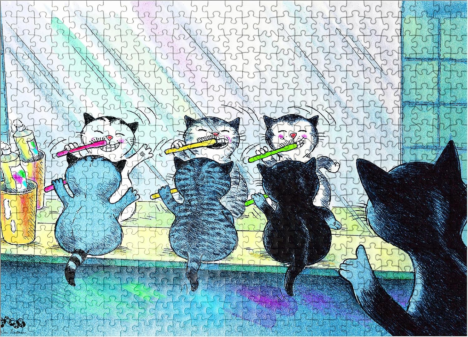MyPuzzle Jacob The Cat - Brushing Teeth - Premium 500 Piece Jigsaw Puzzle for Adults
