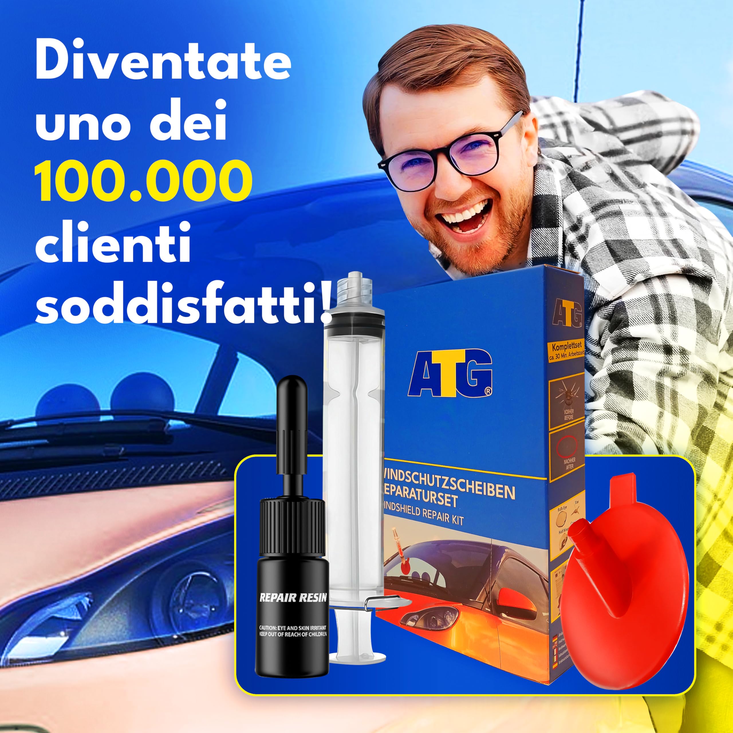 ATG® Kit riparazione parabrezza auto – Resina riparazione vetro auto per crepe e scheggiature | Ripara parabrezza auto | Soluzione rapida per danni da impatto