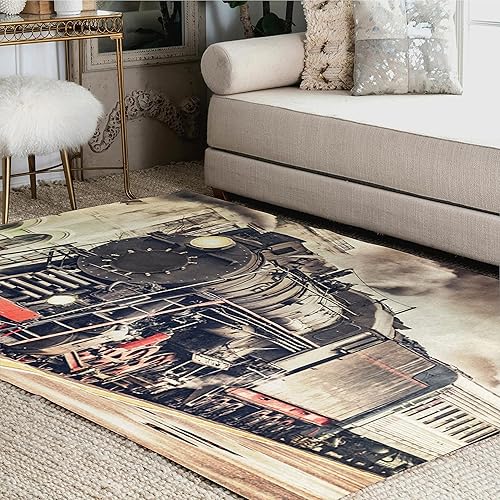 ALAZA Alfombra retro de tren de vapor para sala de estar, dormitorio, 5'3"x4'