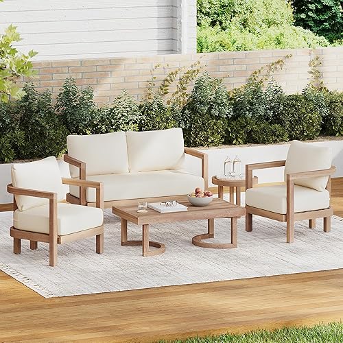 Merax 5-Piece Outdoor Acacia Wood Patio Furniture Conversation Set,Sofa Couch with Coffeetable and End Table for Backyard