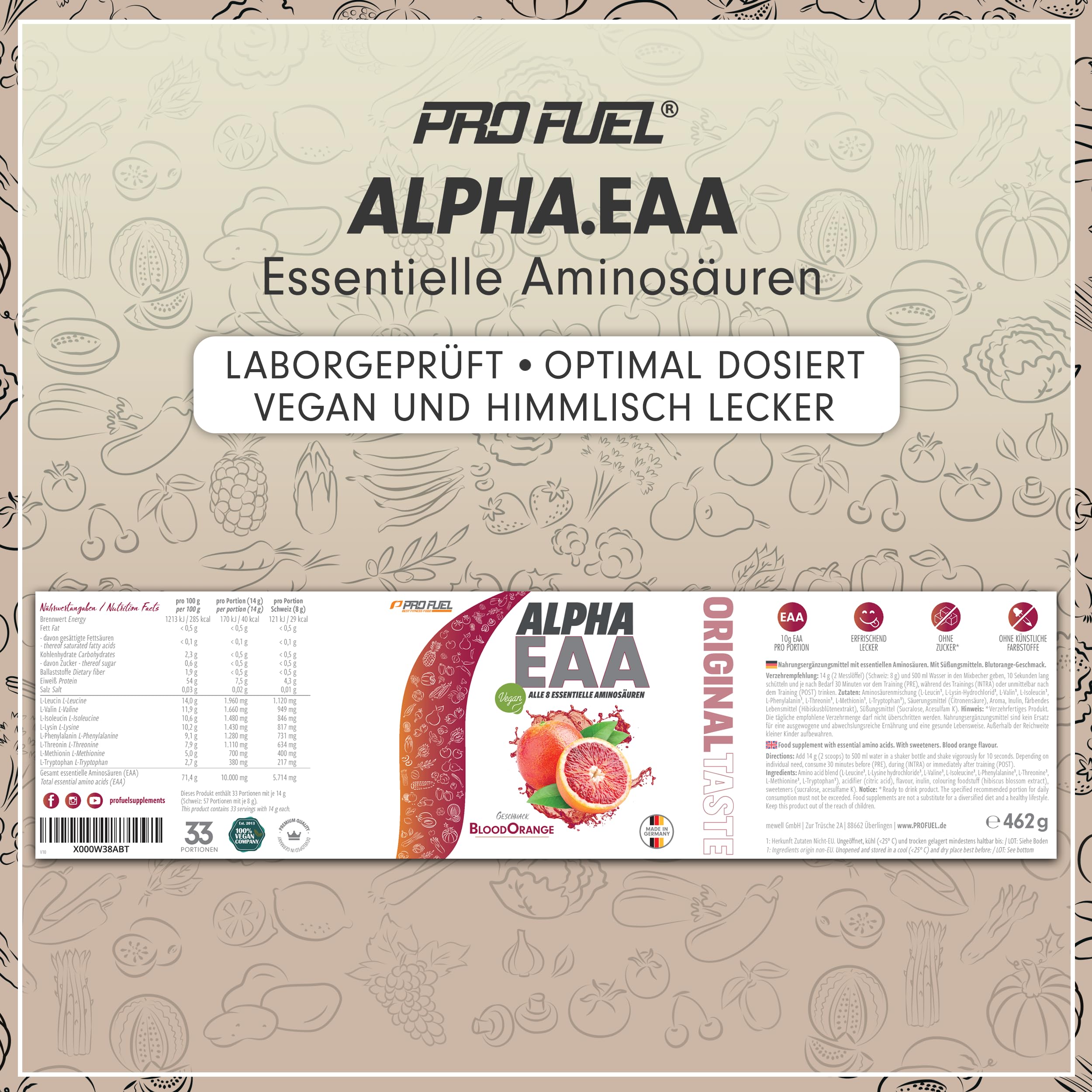 Alpha EAA Pulver 462g BLOOD ORANGE - unglaublich leckeres EAA Drink Pulver - alle 8 essentielle Aminosäuren, vegan EAAs Aminosäuren - Amino-Drink - optimale Wertigkeit - 33 Portionen - 100% vegan