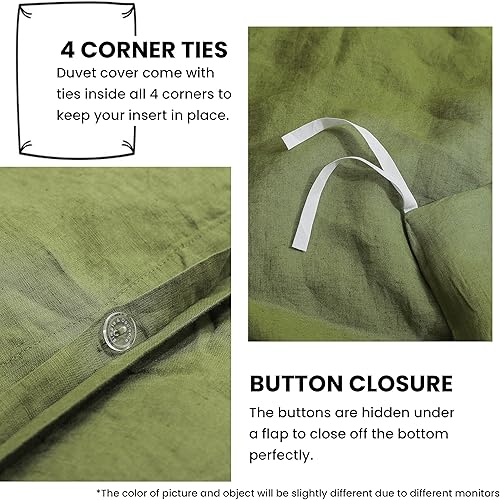 Miniatura 4 de Simple&Opulence Juego de funda de edredón 100% lino con bordado lavado, 3 piezas (1 funda de edredón y 2 fundas de almohada) con cierre de botón,