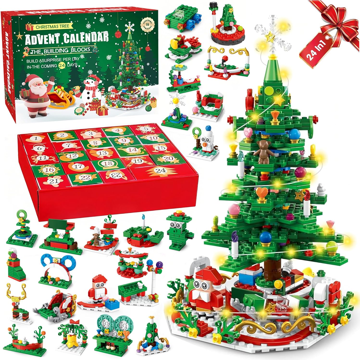 Advent Calendar 2025 Christmas Tree Building Blocks Set, 24 Days Christmas Countdown Building Block Kit, 24 IN 1 Christmas Building Blocks Toy Gift for Teens Girls Boys Adults Ages 6+