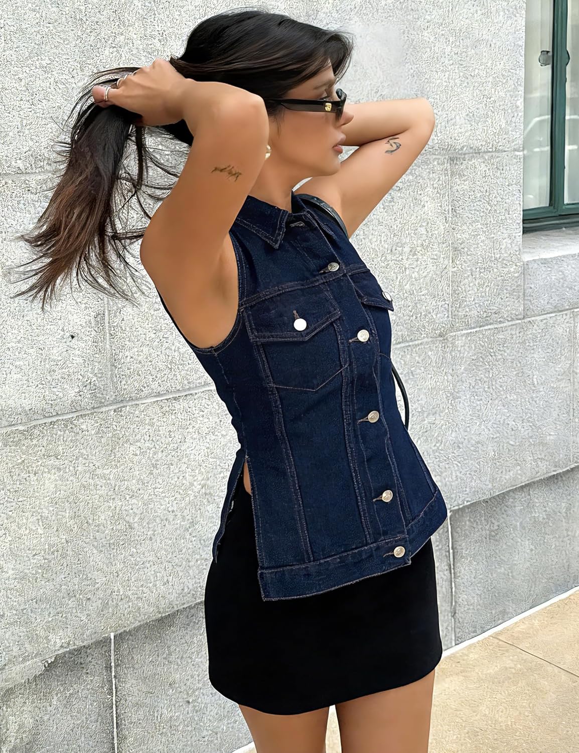 POTILI Women's Denim Vest Top Button Down Sleeveless Jean Vest Jackets Side Slit Collared Fitted Waistcoat Shirt with Pocket