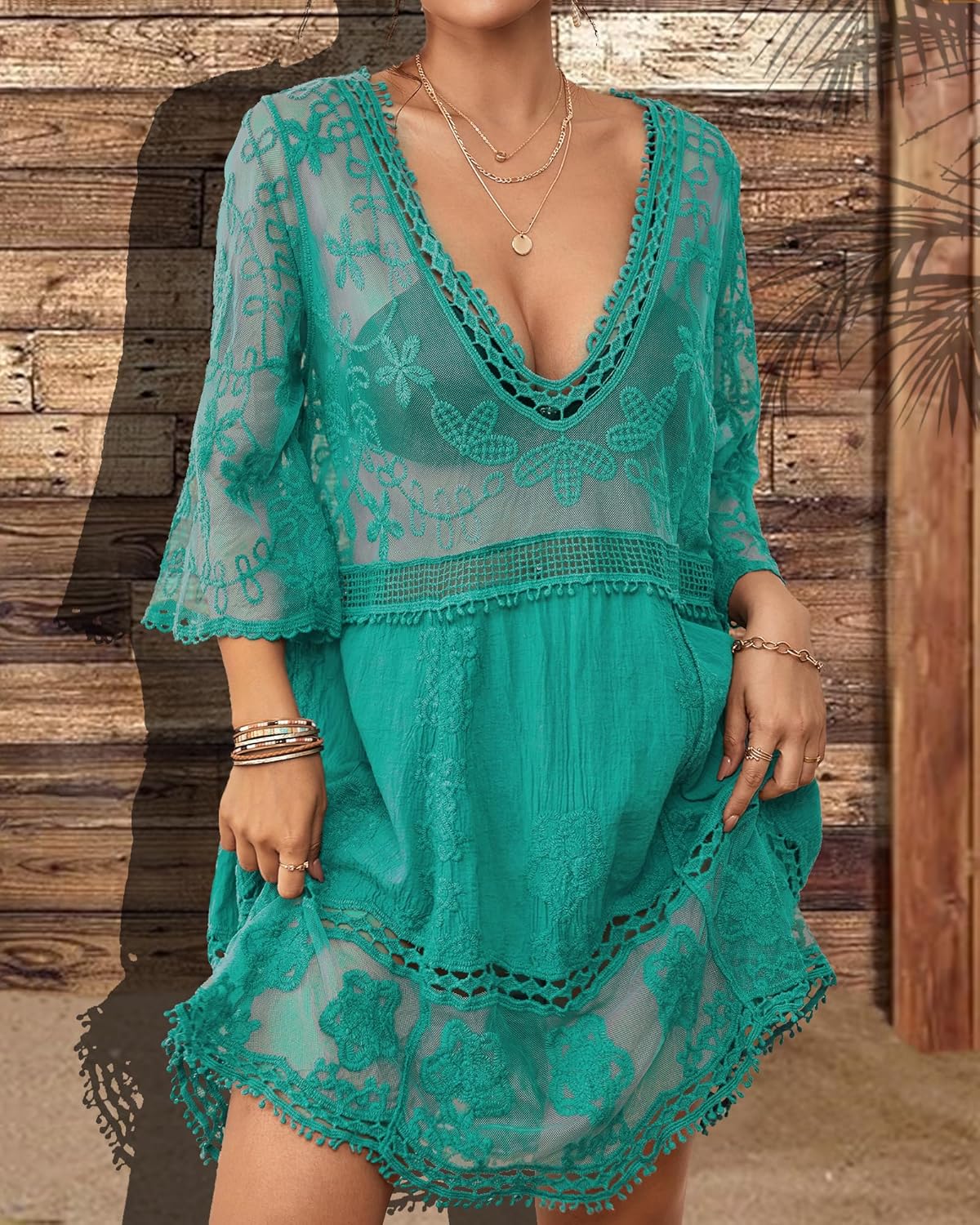 Bsubseach Women Lace Swimsuit Cover Up Bathing Suit Coverups V-Neck Swimwear Beach Vacation Dress - Image 4