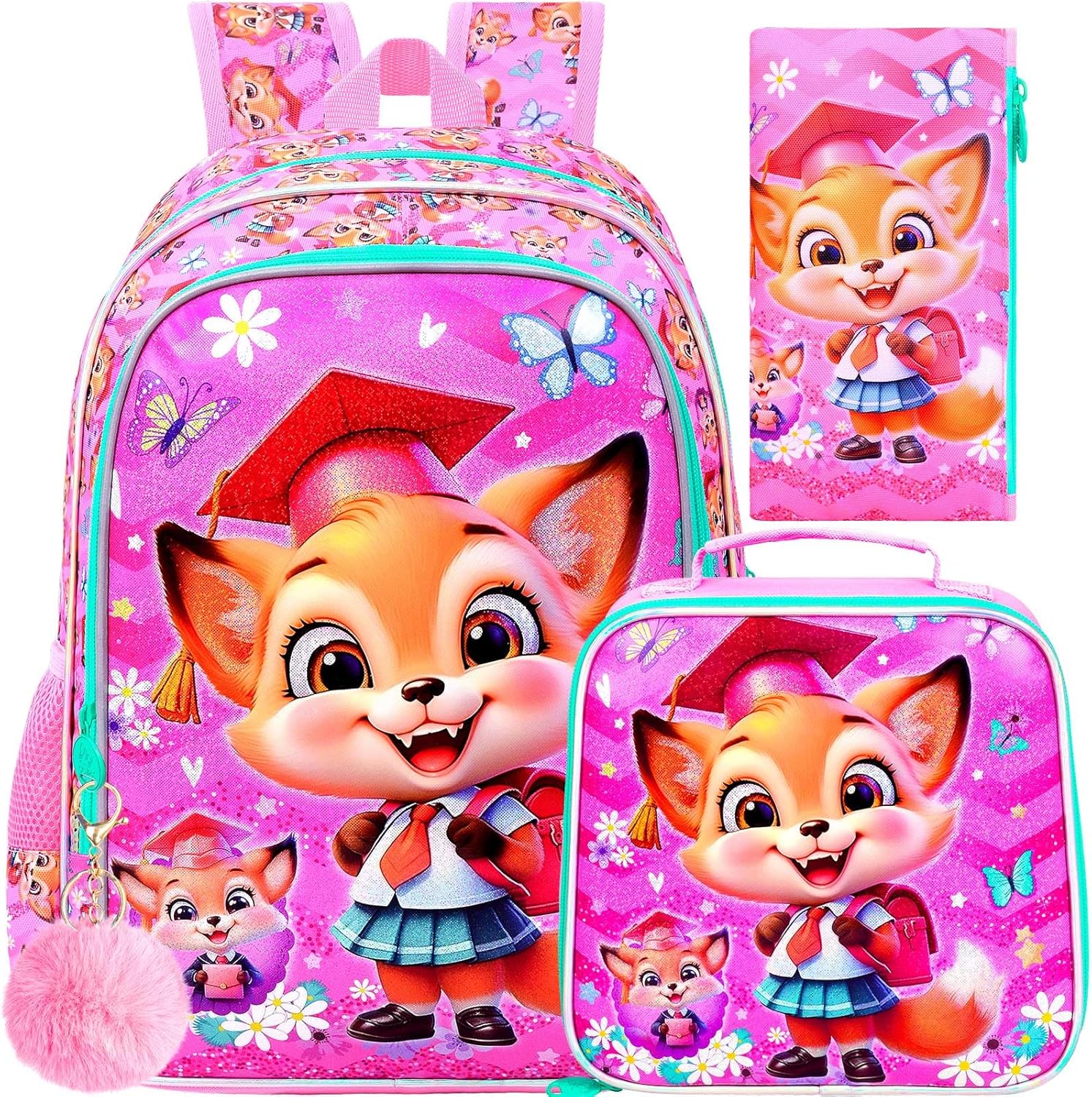 gxtvo 3PCS Girls Fox Backpack, 16" Kids Bookbag with Lunch Box, Water Resistant Elementary Preschool Toddler School Bag - Pink Dr. Fox