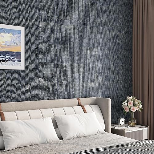 Miniatura 5 de FunStick Papel tapiz dorado azul marino para despegar y pegar, papel tapiz de tela de espiga texturizada, papel de pared para dormitorio, baño,