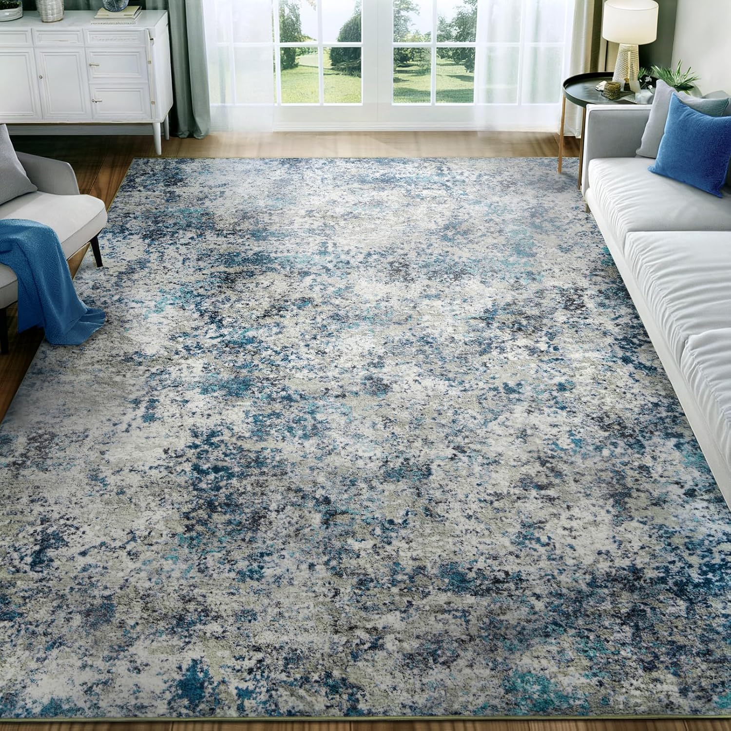 Washable Area Rug for Living Room: 6x9 Modern Abstract Neutral Soft Rug for Bedroom Dining Room No Slip Low Pile Carpet for Nursery Home Office - Grey/Blue