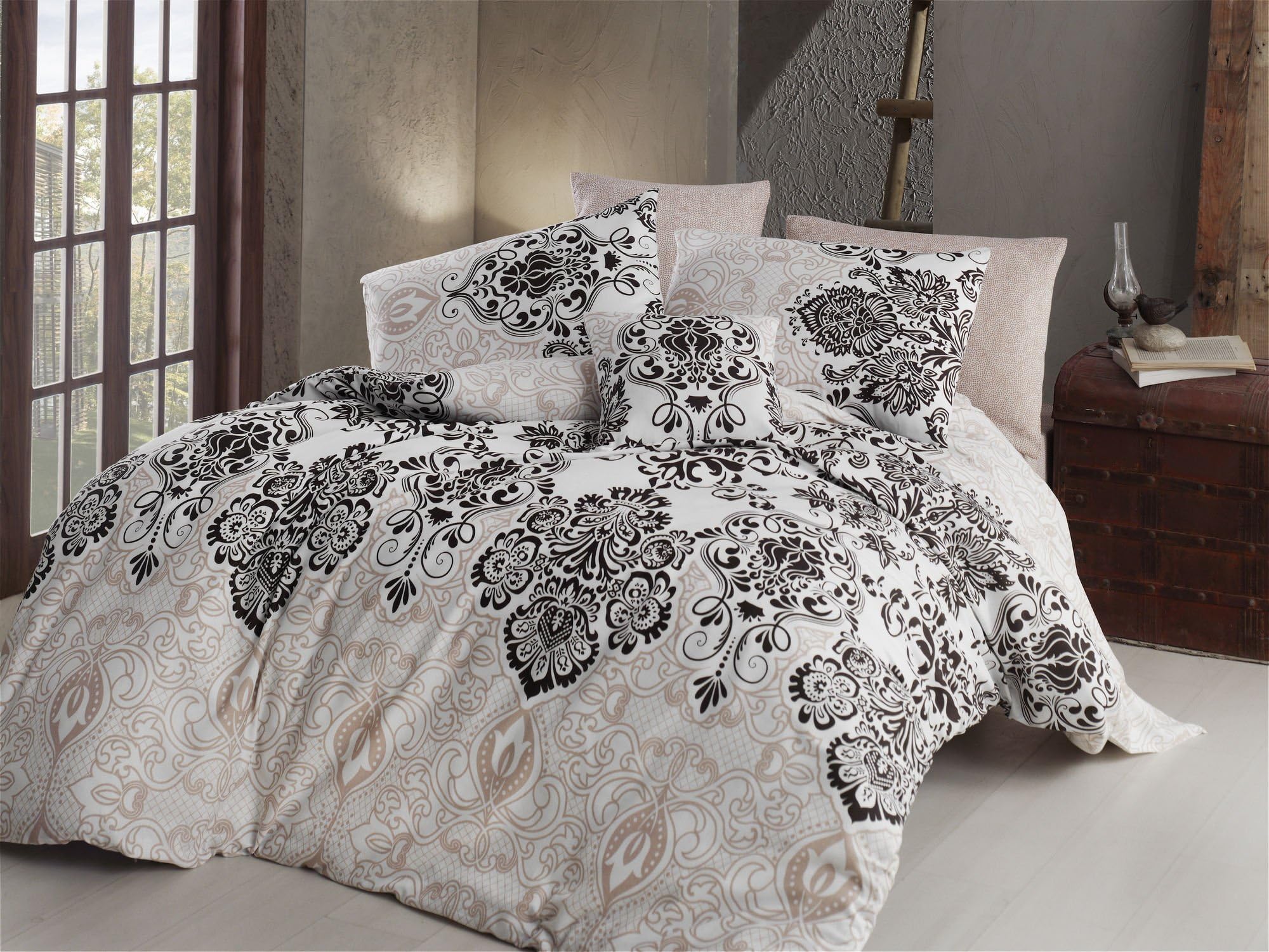 Bedding Set Linen Pillow Ranforce Contempo Bohemian Classy Beige Embellished King Size 220x240 cm Duvet Quilt Cover Paisley 3 Pieces Damask Vintage Retro Oriental Retro White Cream Black 164NZN48212