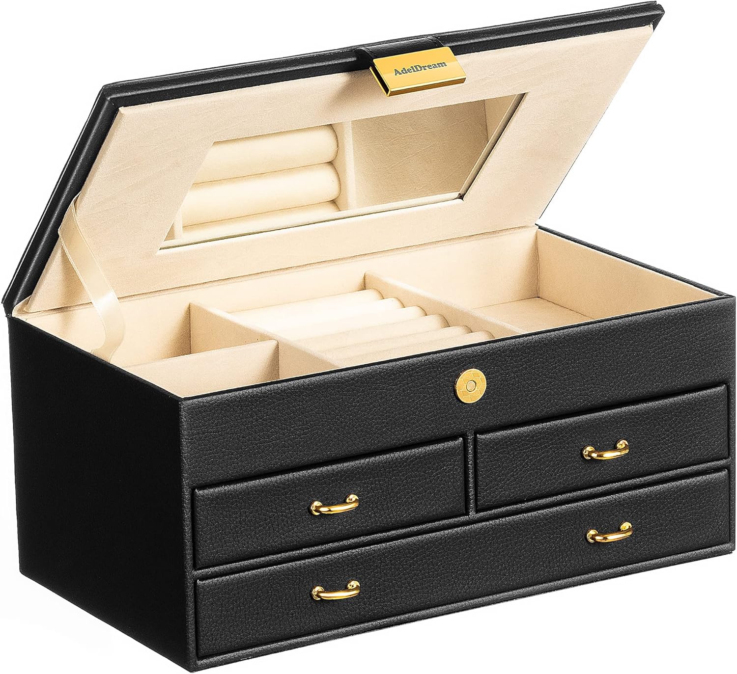 ADEL DREAM 3-stöckiges Schmuckkästchen - Schmuckorganizer Mit Spiegel & Kleeblatt-Knopf