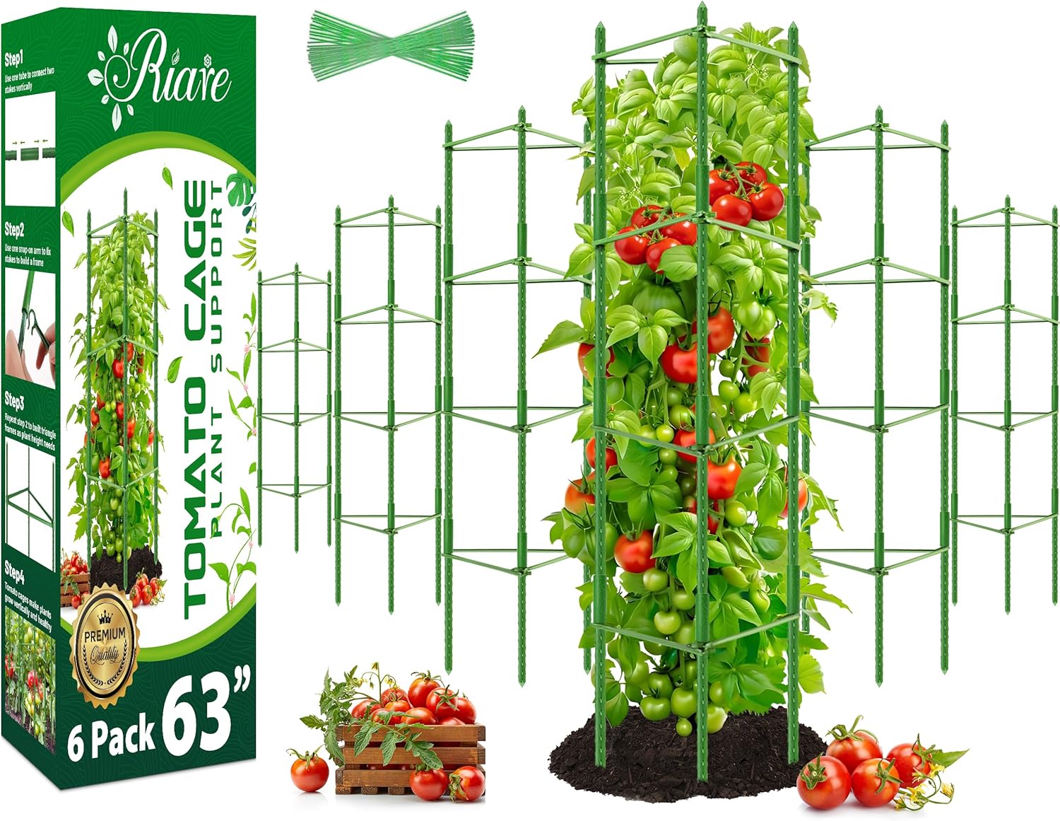 Riare 6 Pack 5.2 FT Tomato Cages for Garden- 63inches Heavy Duty Garden Stakes, Adjustable Tall Tomato Plant Support Tomato Trellis Cage for Pots, Raised Garden Bed, Climbing Vegetables Plants Flowers