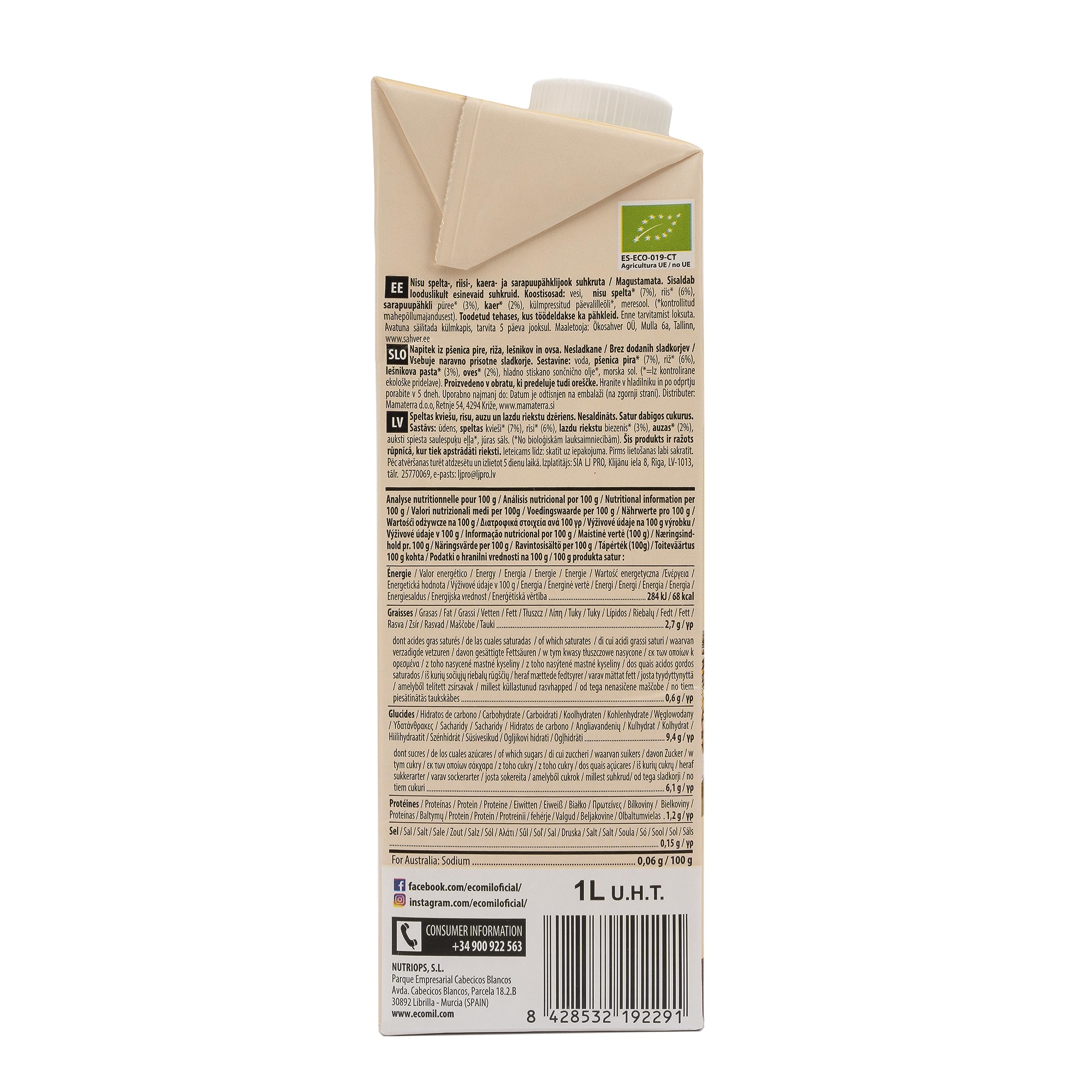 EcoMil Bebida Bio Espelta Avellana Avena Leche Vegetal 1L Pack 6