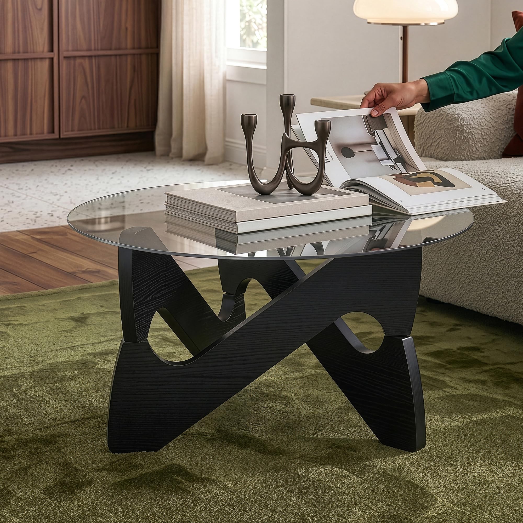 [en.casa] Tavolino da Caffè con Piano in Vetro Fumé 70x35 cm Nero/Grigio | Tavolo Basso Centrale per Salotto Soggiorno Living Piano Rotondo Circolare in Vetro Temperato Struttura Geometrica