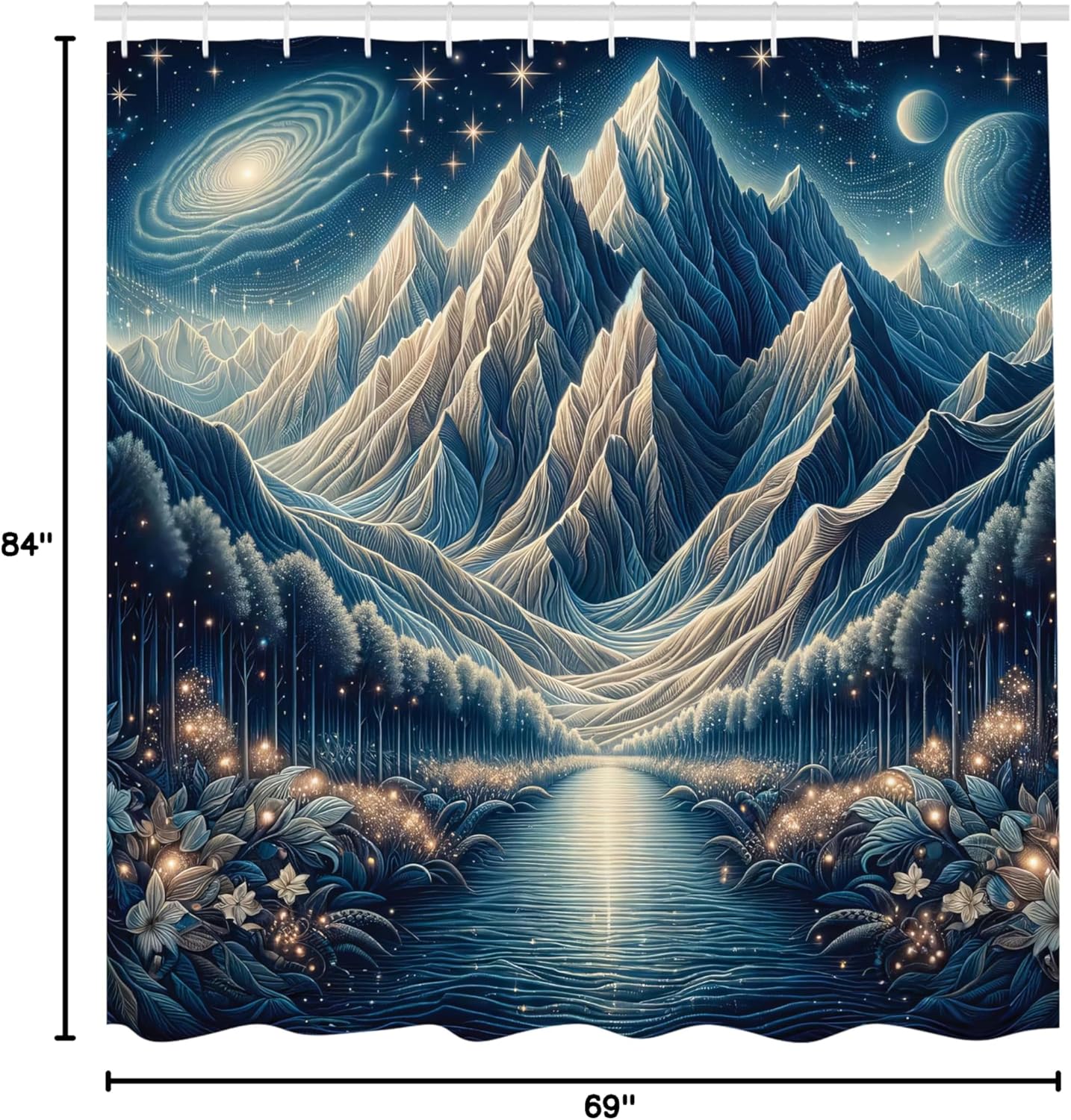 Ambesonne Abstract Mountains Shower Curtain, Dreamy Night at Woodland Astro Sky River Through Symmetry, Cloth Fabric Bathroom Decor Set with Hooks, 69" W x 84" L, Night Blue and Coconut