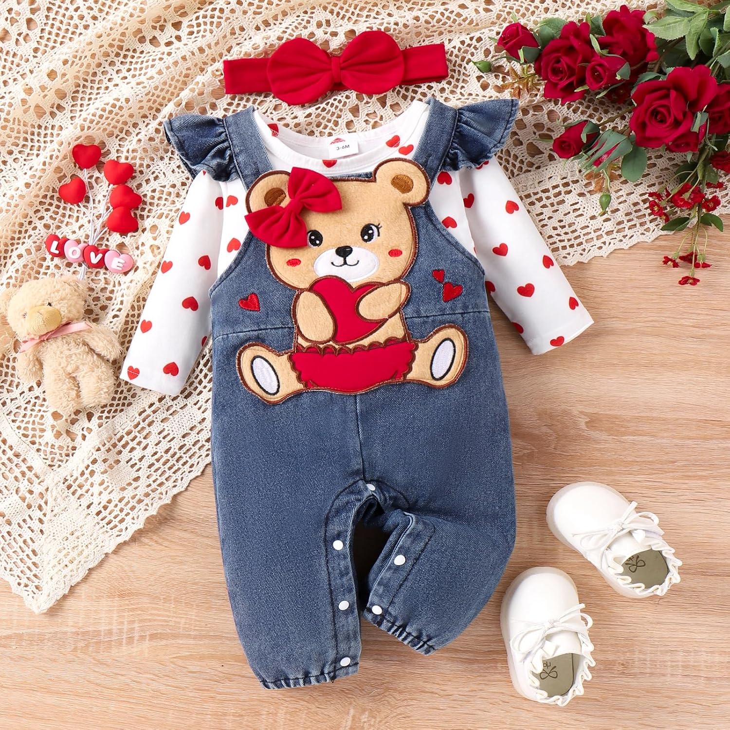 Baby Girl Clothes Outfits Fall Winter Cute Love Romper Bear Cartoon Overalls Jeans Pants Headband Set 0-18 Months - Image 2