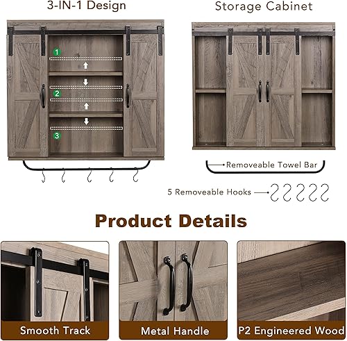 Vista 27 de RUSTOWN Armario de almacenamiento de pared de madera rústica con dos puertas correderas de granero, armario decorativo de 3 niveles para cocina