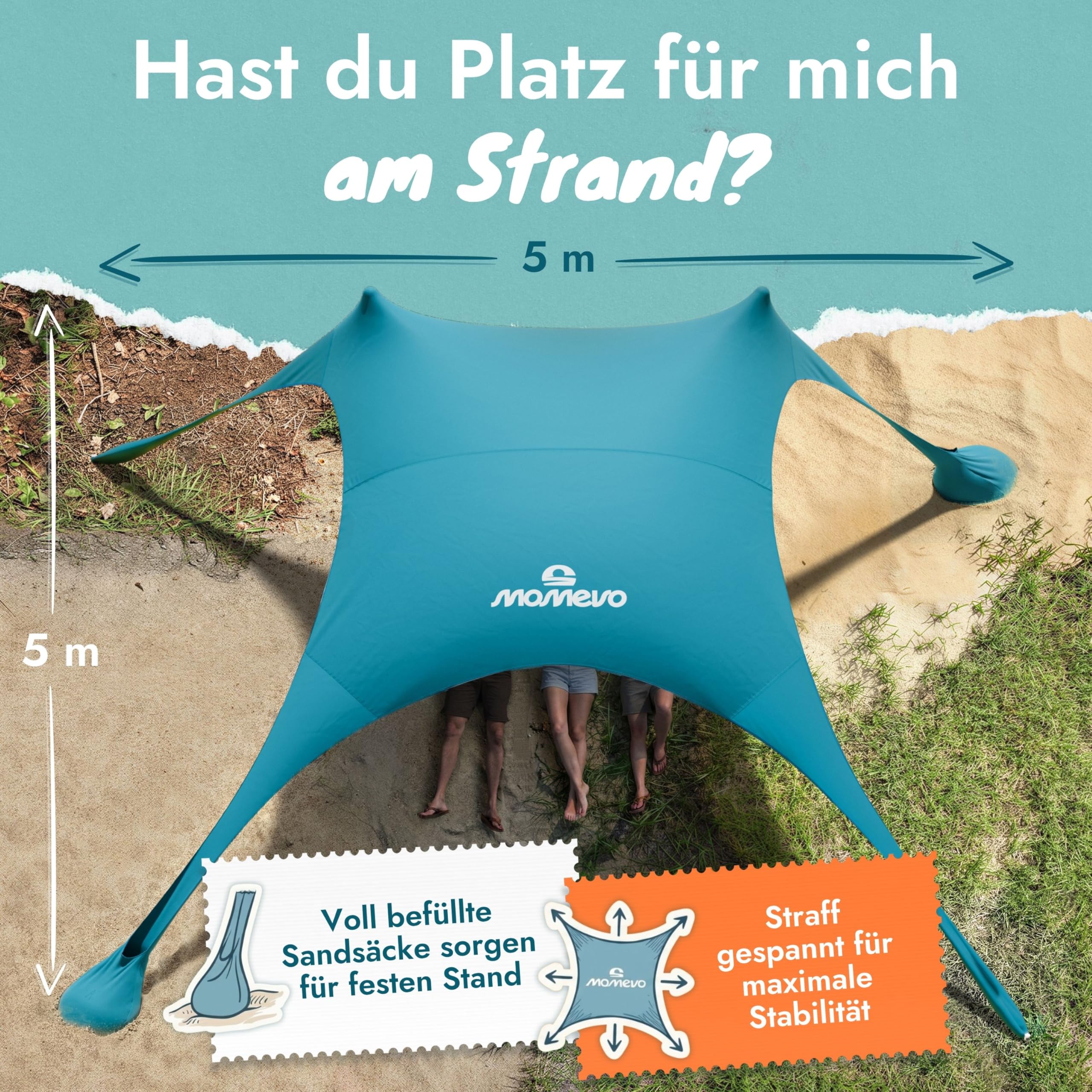 Sunsail Strandzelt Sonnensegel Strand UV Schutz UPF50+ windstabil leicht Next Level Strandmuschel 2 Stangen Petrolblau