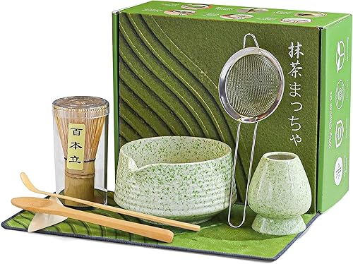 BEWOS Juego de 8 batidores de matcha, cuenco de cerámica de 18 onzas con boquilla, tamiz matcha, soporte para batidor de matcha y batidor de matcha
