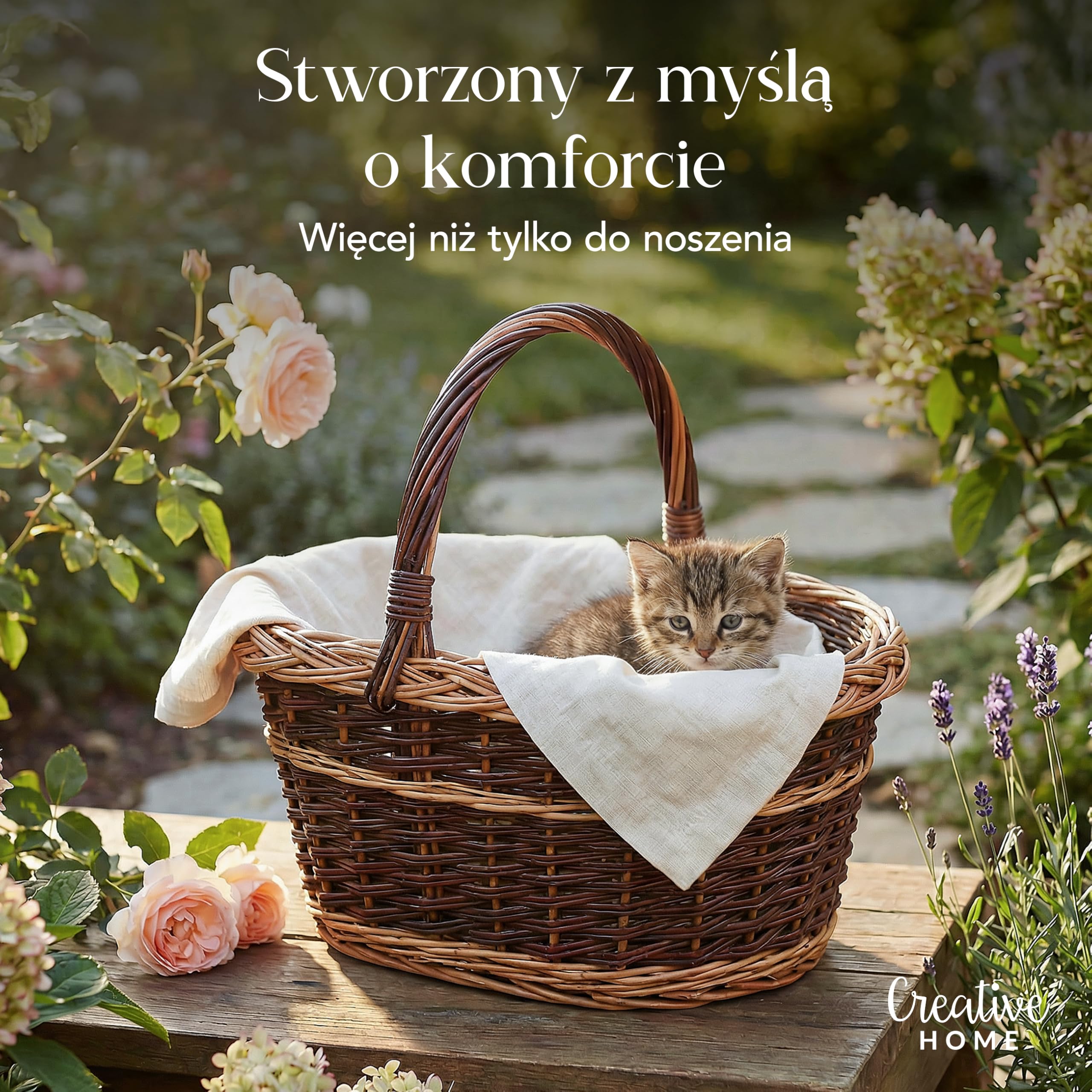 Creative Home Kosz Wiklinowy z Uchwytem 48x34x40cm (+/-2cm) | Lekki | Dwukolorowy | Ręcznie Wyplatany | Kosz Prezentowy, Piknikowy na Owoce