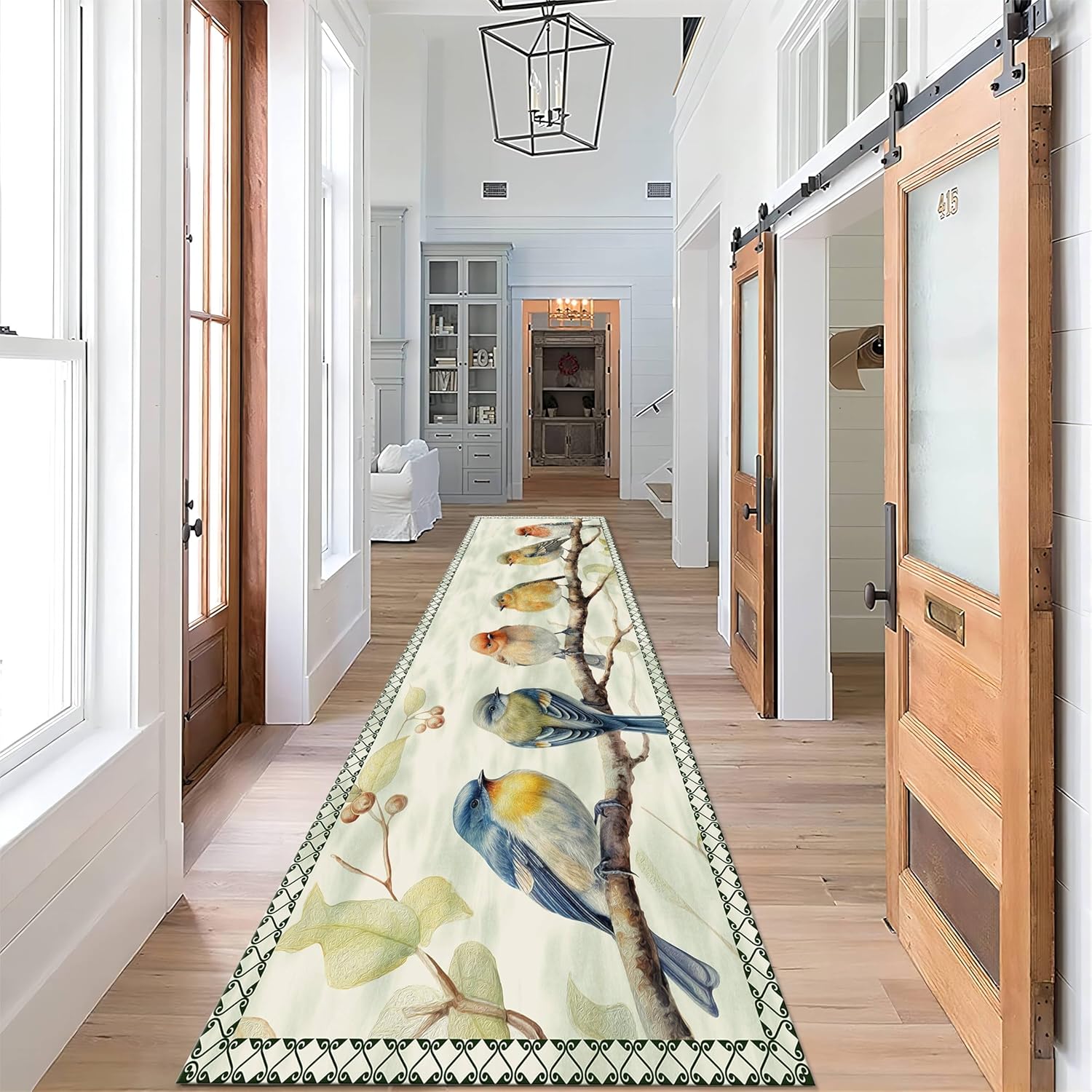 Bird Branch Long Hallway Rug Runners, 2x6ft, Summer Foliage Green Decorative Hallway Carpet, Machine Washable Rubber Backed Anti-Slip Rug, Shed Resistant Easy Clean Mat for Indoor