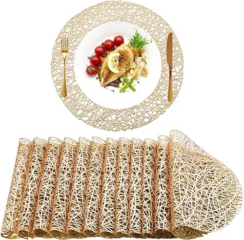 Miniatura 8 de Sieral 60 Paquetes Manteles Individuales Redondos Dorados de 15 Pulgadas Calados de Vinilo Prensado Resistentes al Calor Manteles Individuales