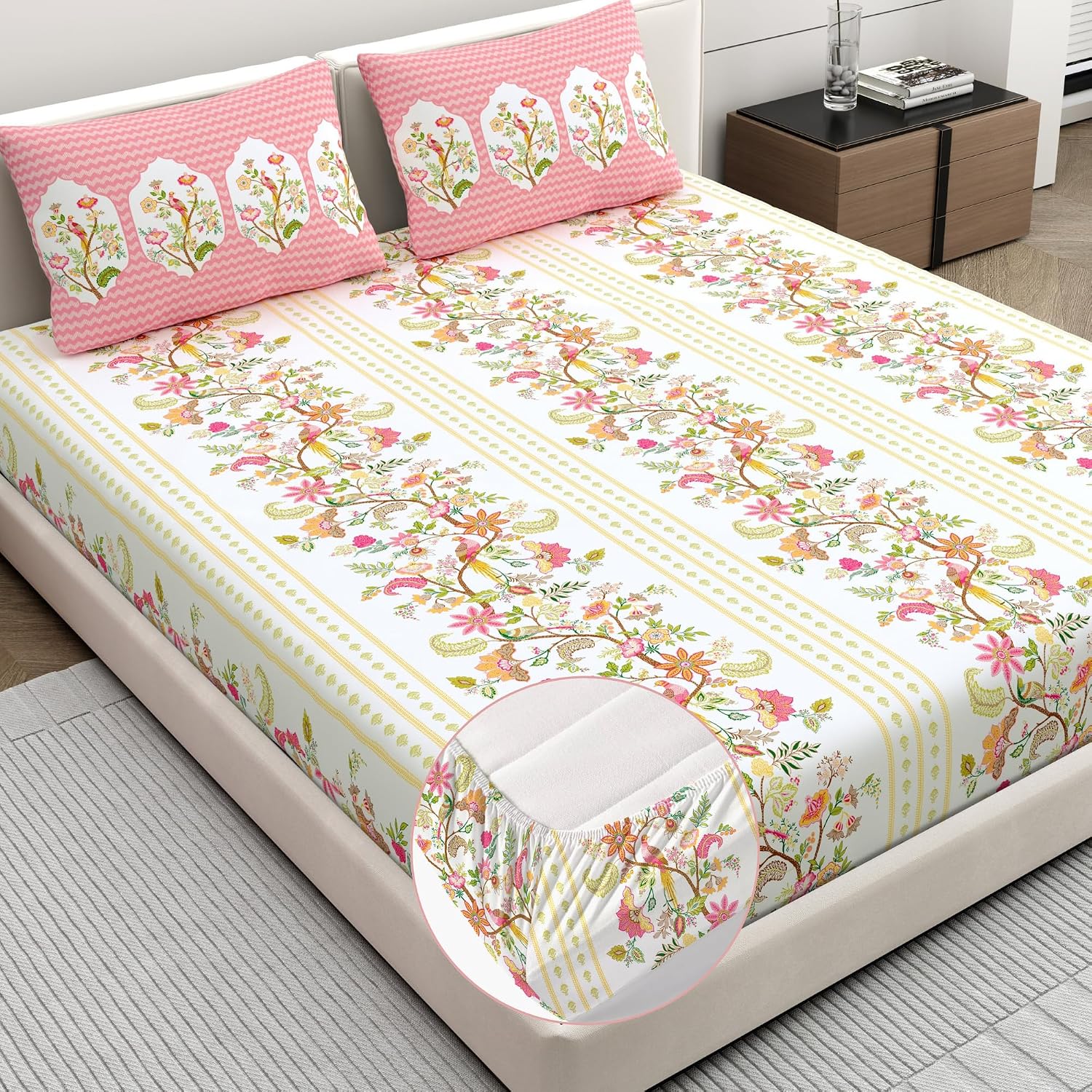 Dreamscape 100% Cotton King Fitted Floral Bedsheet With 2 Pillow Covers - (Size 72 x 78 inches, 200 TC, Colour - Pink: Ros...
