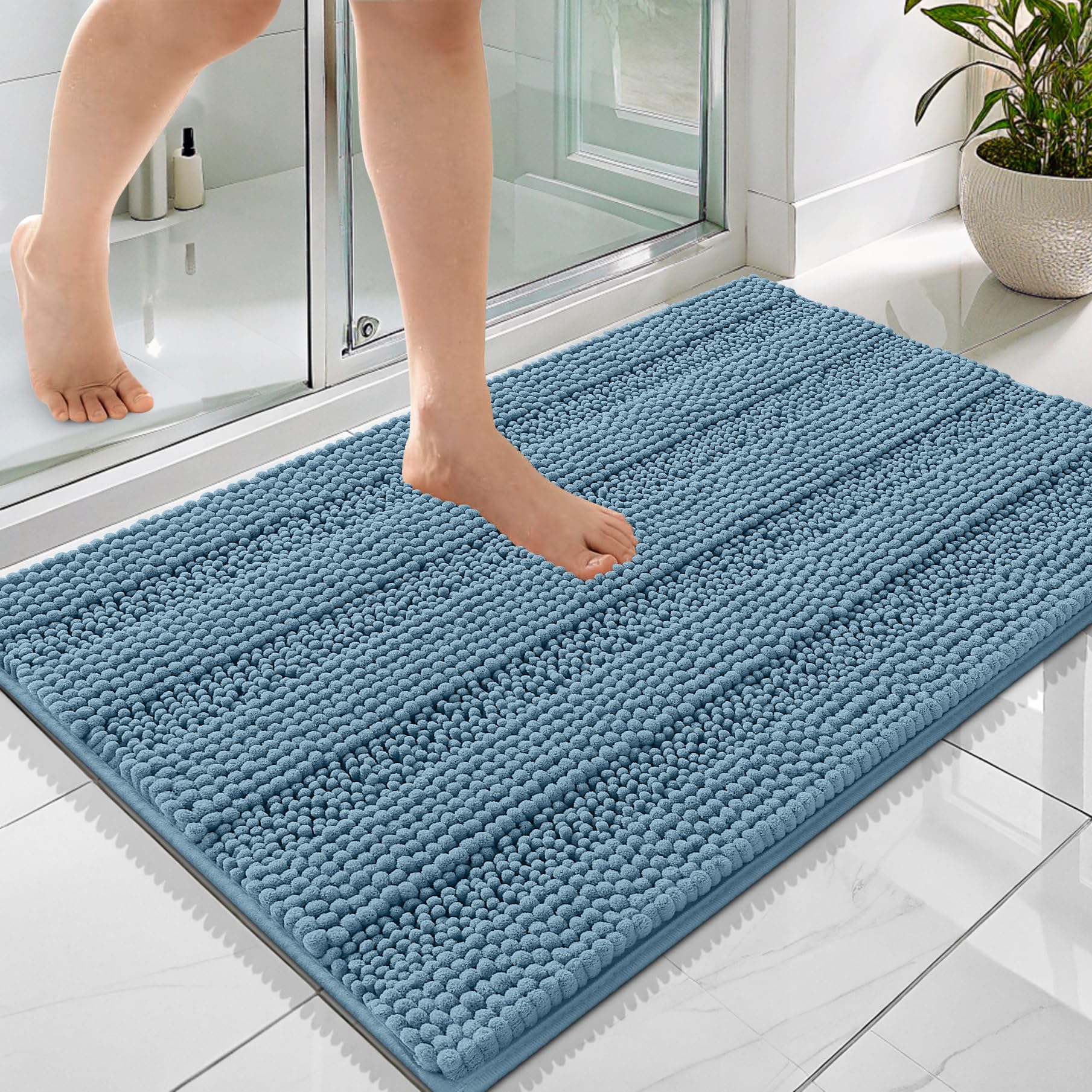 OLANLY Thick Bathroom Rugs 36x24, Chenille Striped Bath Rugs, Airy Blue