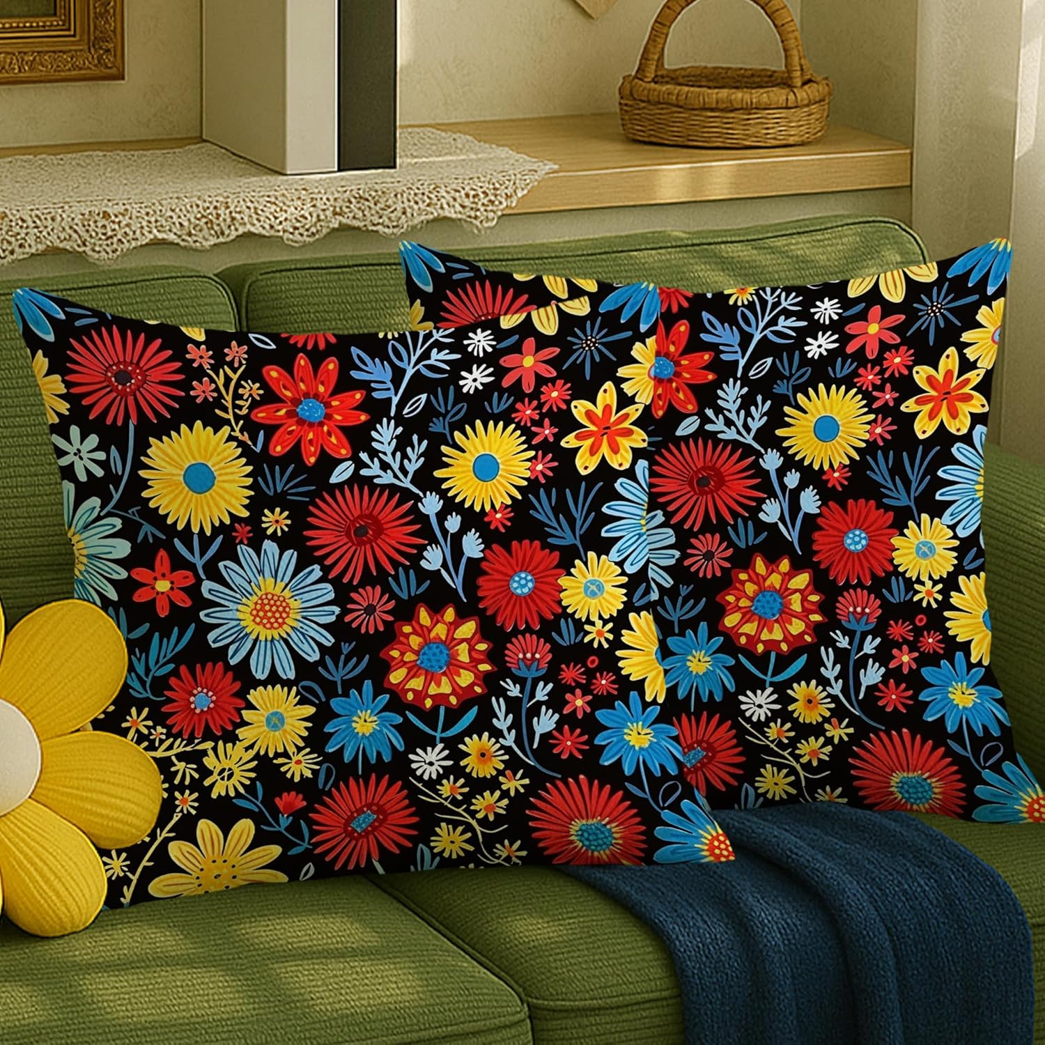 Spring Floral Outdoor Pillow Covers Set of 2, Colorful Red Yellow Blue Wildflower Throw Pillowcases, Spring Botanical Farmhouse Decorative Cushion Covers for Patio Couch Garden Sofa 24x24 Inch