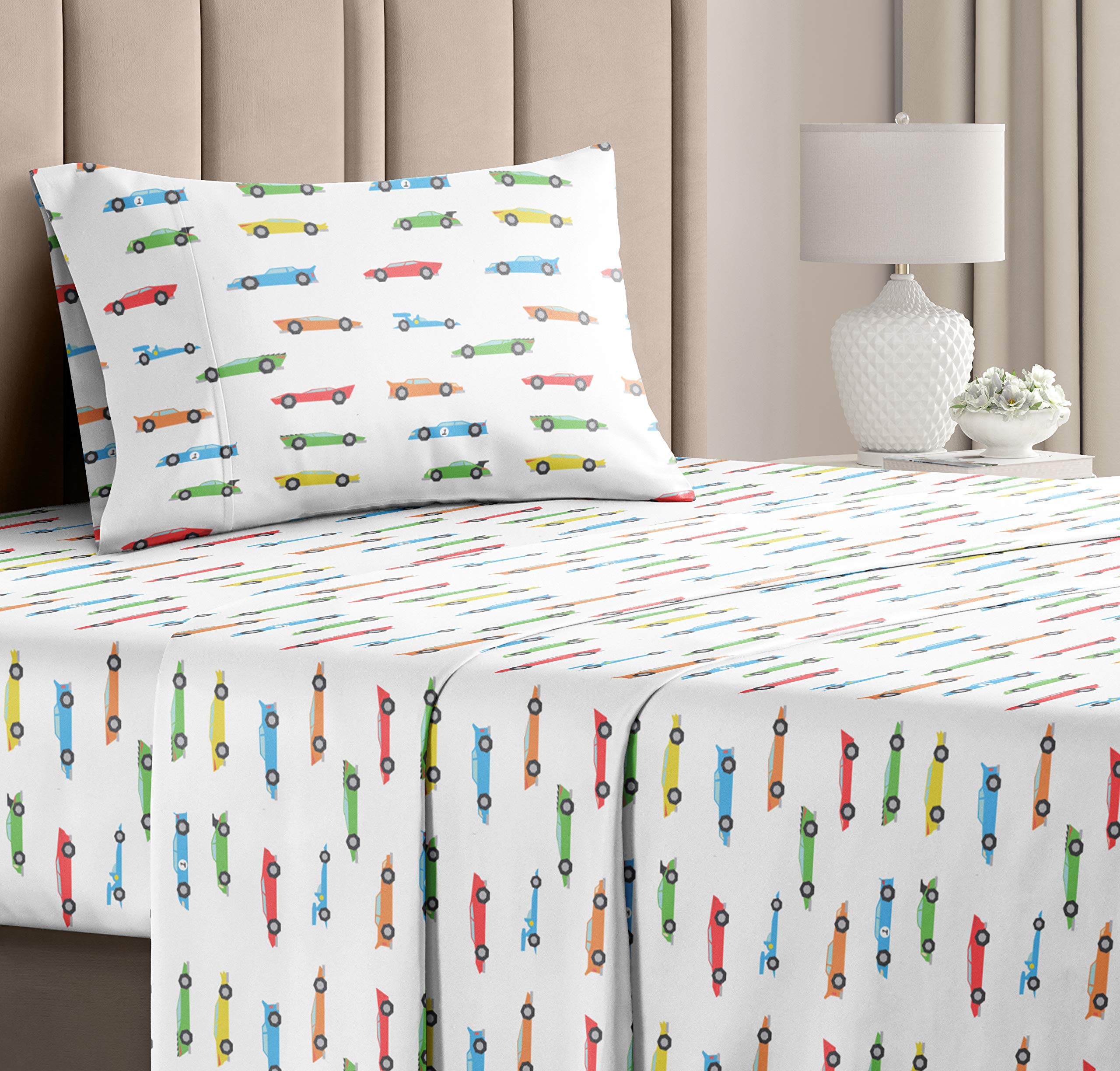 Kids Twin Size Car Bed Sheets - 3 Piece Cars Sheet Set - Racing Themed Bedding - Ultra-Soft, Cute & Cozy - Breathable and Machine Washable - Cartoon Racing Bed Set for Boys, Girls, Teens & Toddlers