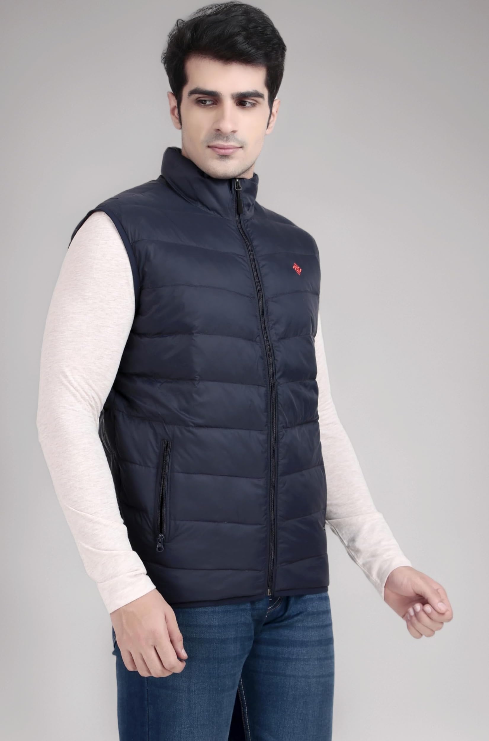 Polyester Regular Fit Sleeveless Zipper Closer Feather Duck Down Navy Color Light Weight Puffer Jacket for Men